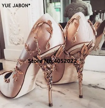 YUE JABON Pointy Toe Shoes Stunning Wedding Shoes Woman Leaves Metal Heel Women Pumps Bridal Dress Satin Leather High Heels
