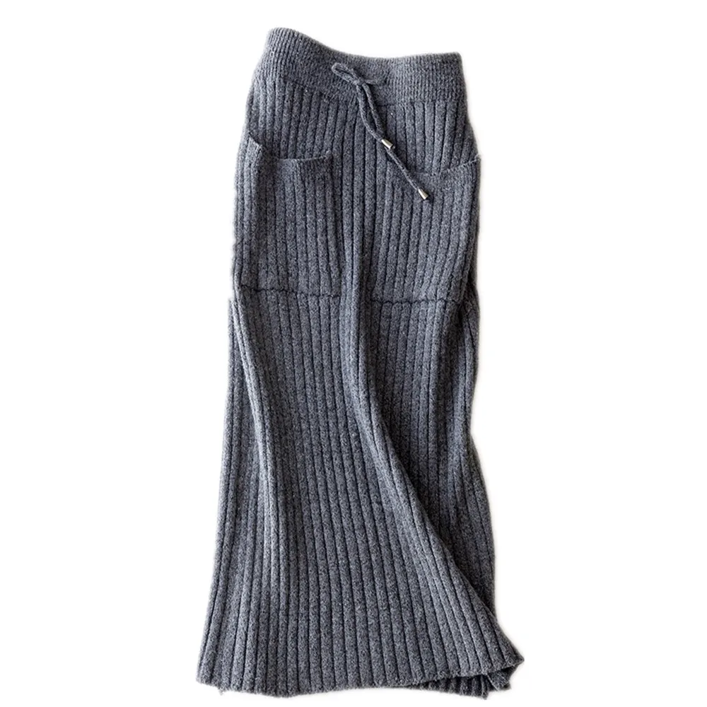 

black grey flexible stretch high waist midi a line knitted skirt with pockets for women vintage womens skirts saia saias faldas
