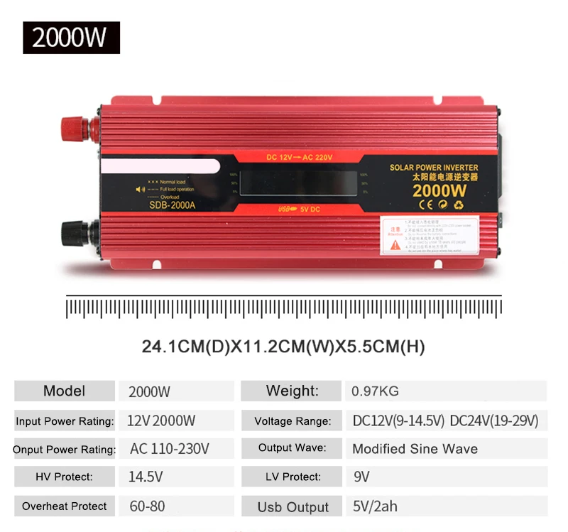 Автомобильный инвертор 12 В 220 В к Мощность инверторы DC AC Напряжение конвертер Авто 2000 Вт 1000 Вт с Зарядное устройство водить автомобиль Дисплей USB Солнечный адаптер преобразователь напряжения 12 220