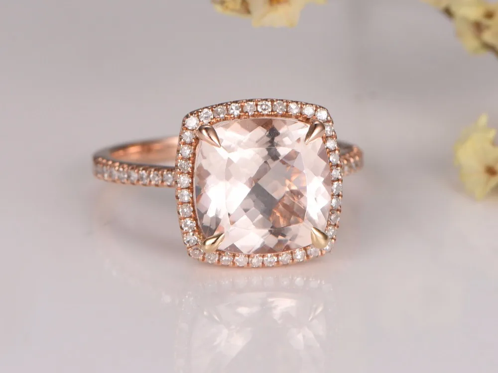 Myray морганит Обручение ring9x9mm Подушки Cut Stone 14 К золото Diamond Band Юбилей подарок