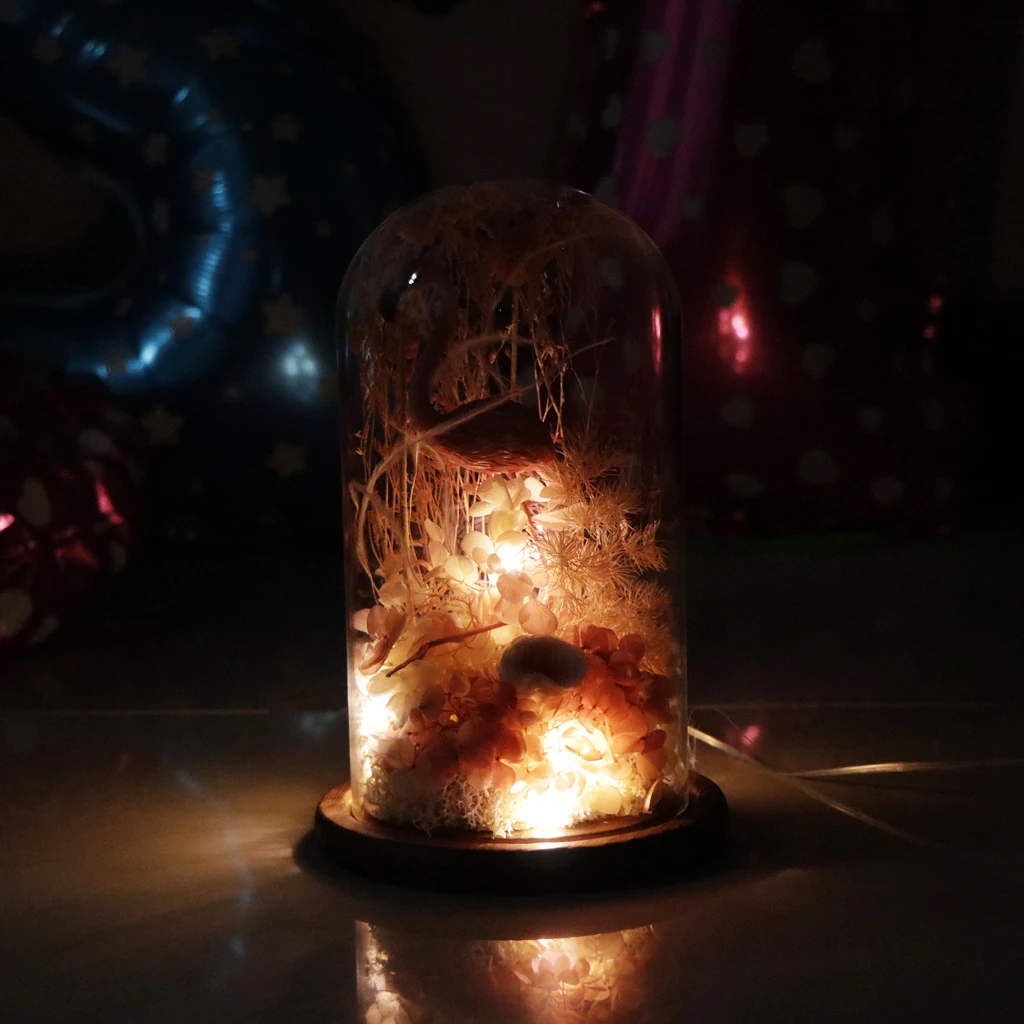 Flamingo and Flowers with LED Light In Glass Dome for Home Decoration