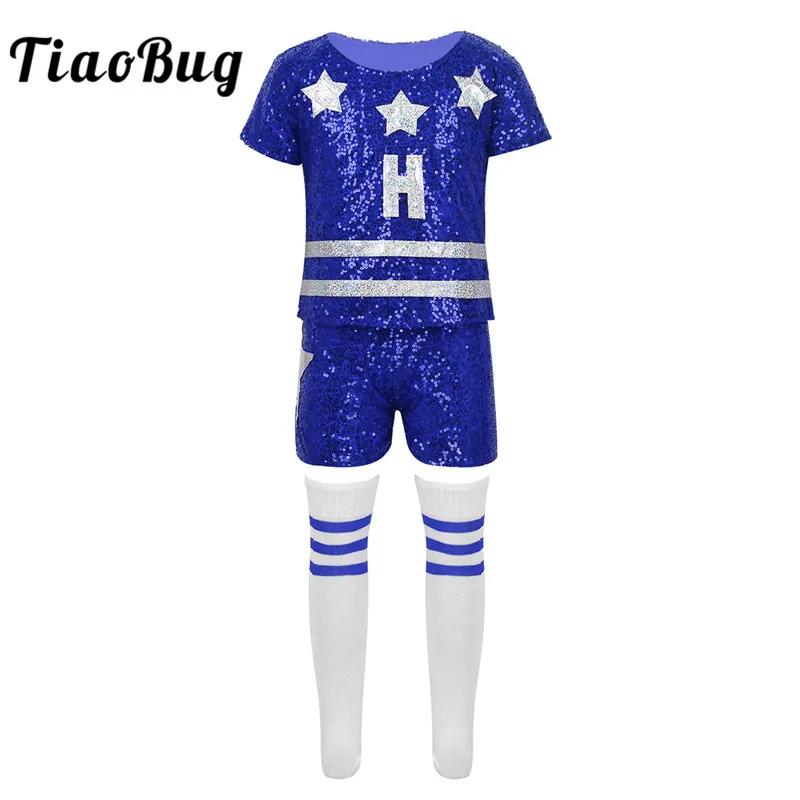 TiaoBug أطفال مراهقون النجوم الترتر قمم السراويل الجوارب الرقص مجموعة الأطفال الفتيات الهيب هوب الجاز مرحلة الشارع الرقص المشجع زي