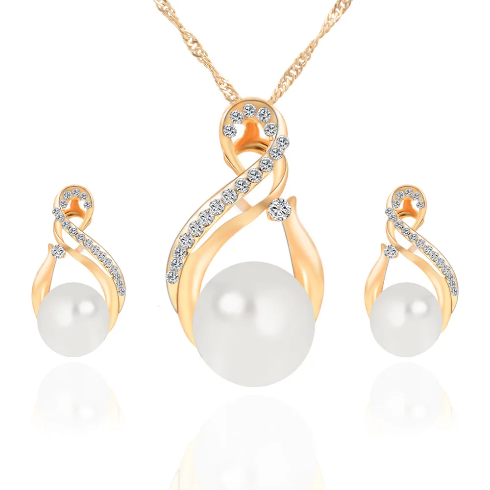 

HOCOLE Elegant Imitation Pearl Rhinestone Chain Jewelry Sets Gold/Silver Drop Necklace Earrings Set For Women Wedding Jewelry