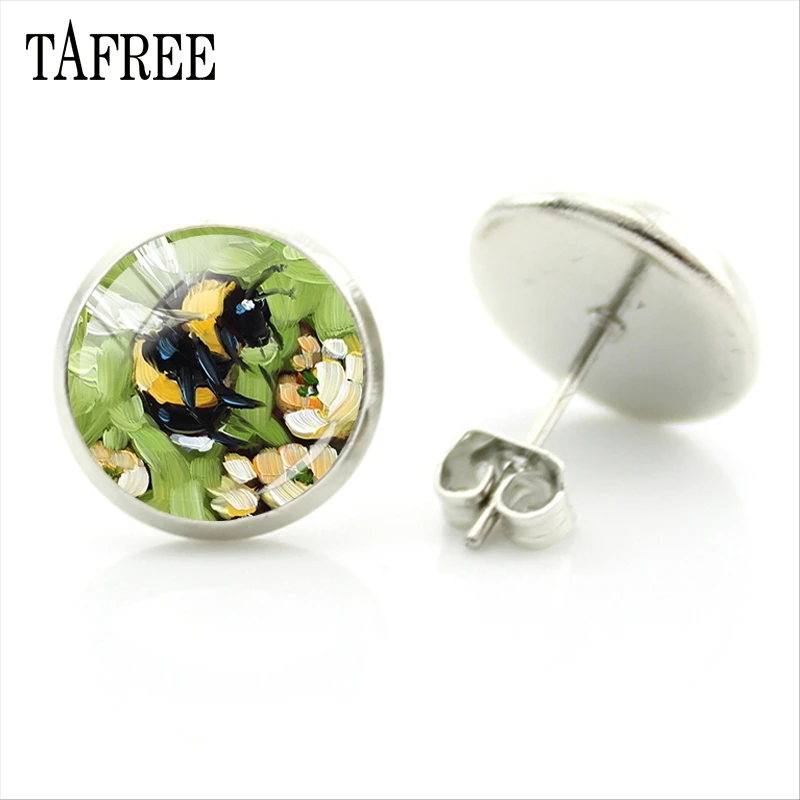 

TAFREE New Trendy Bee Collecting Honey Stud Earrings Handmade Glass Cabochon Dome Elegant Ornaments Gift For Friend BE30