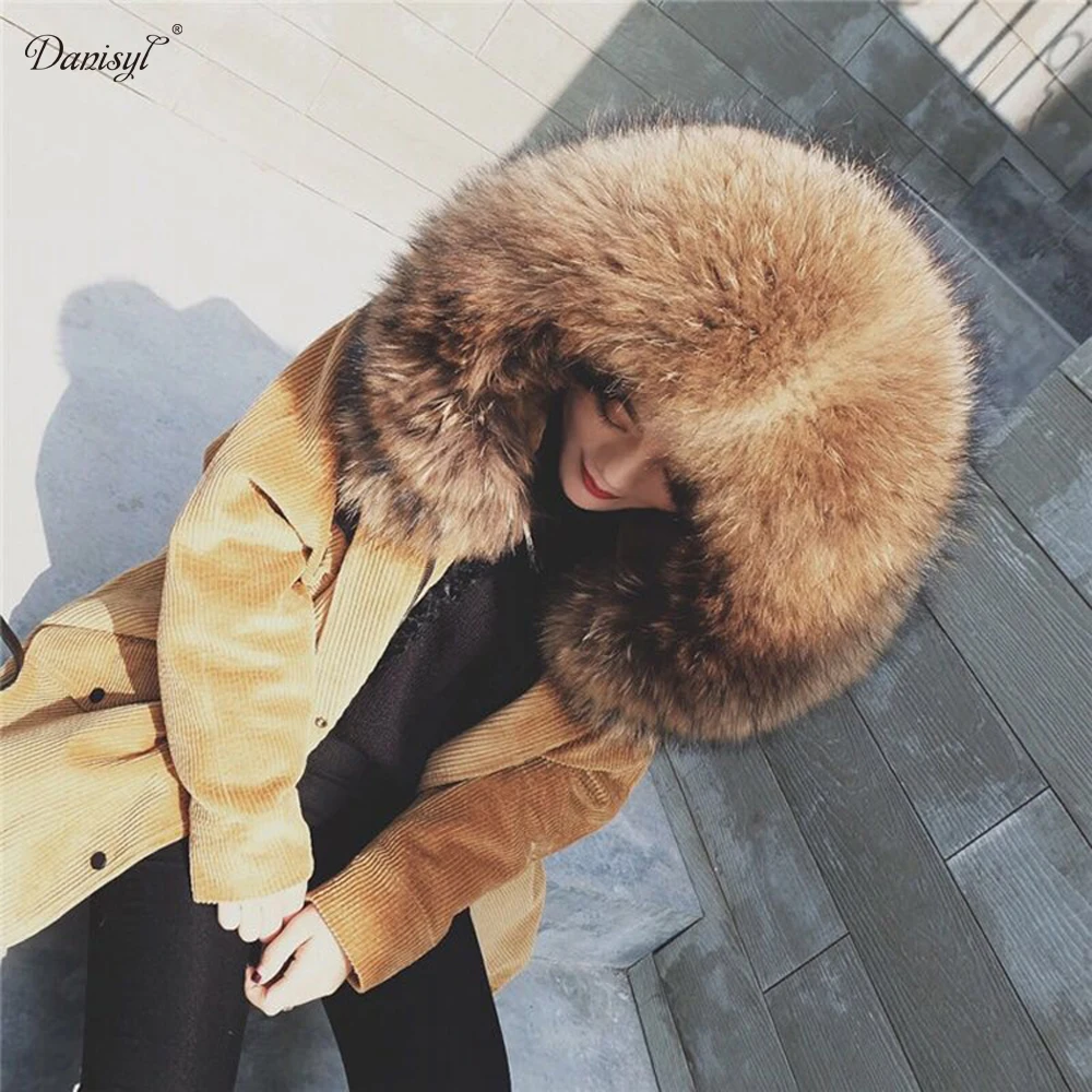 2017 NEW Women's winter Real fur coat Corduroy Hooded Raccoon fur Collar Men Couple warm Natural 