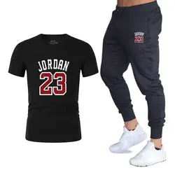 Jordan 23 Лето Для мужчин футболки + брюки два Костюм из нескольких предметов качество короткий рукав Мужская спортивная одежда хлопок Фитнес