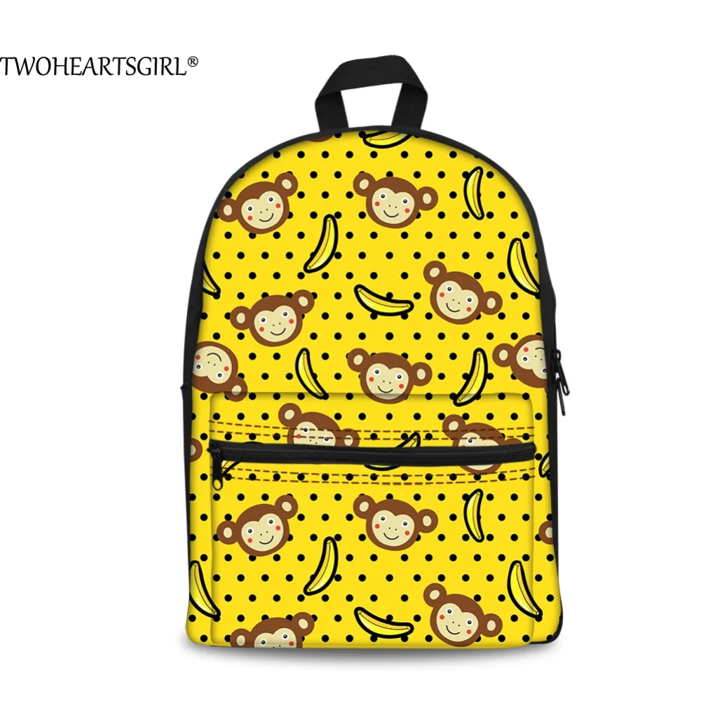 TWOHEARTSGIRL Yellow Banana Cute Monkey 3D Printing Canvas Backpack for