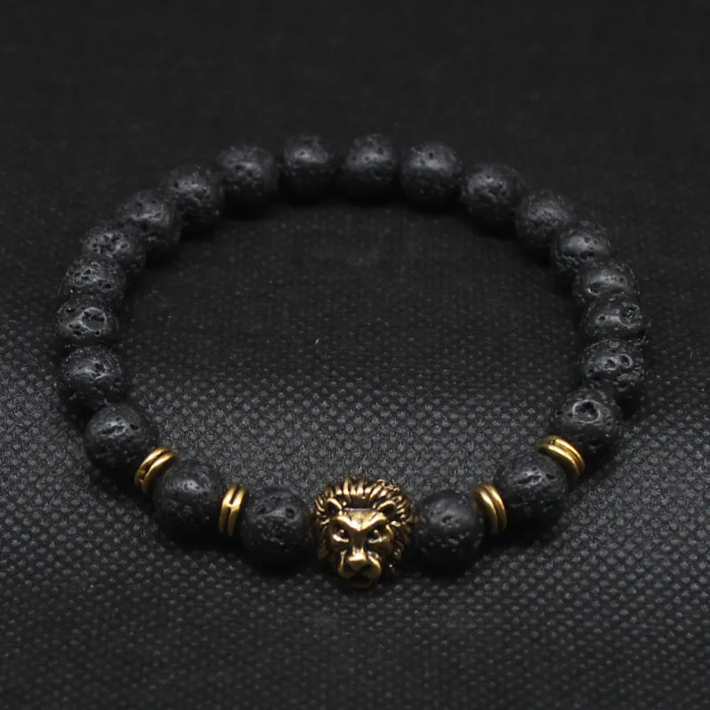 Wholesale Antique Gold Plated Buddha Leo Lion Head Bracelet Black Lava Stone Beaded Bracelets For Men Women Pulseras Hombre N4-3