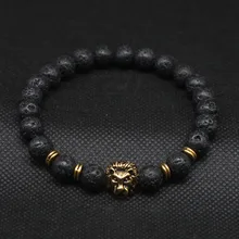 Wholesale Antique Gold Plated Buddha Leo Lion Head Bracelet Black Lava Stone Beaded Bracelets For Men Women Pulseras Hombre N4-3