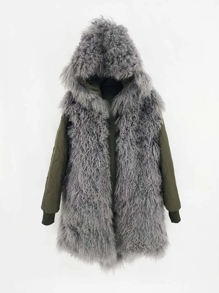 Длинная парка зимняя женская куртка из натурального меха монгольской Овцы Толстая теплая парка пальто из натурального меха с капюшоном размера плюс бренд