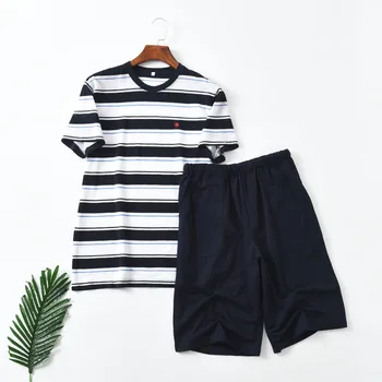 

Men's pajamas summer Cotton Short sleeve stripe pajama Set