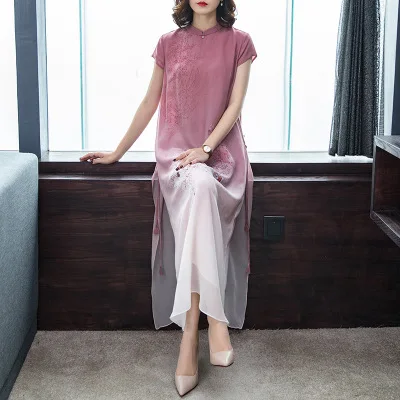 pink Розовое шелковое платье, винтажное, улучшенное, Cheongsam, элегантное, большой размер, весна-лето, новые женские платья X897 - Цвет: pink