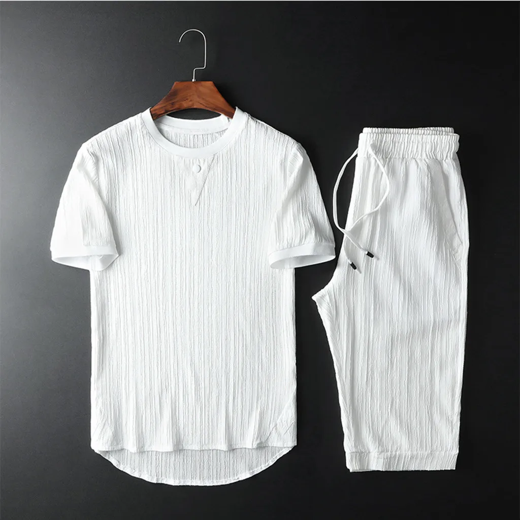 

Fashion Men's Set Cotton Short Sleeve Pants Set Summer Round Collar Set Tracksuit Solid Color Lace Set T617
