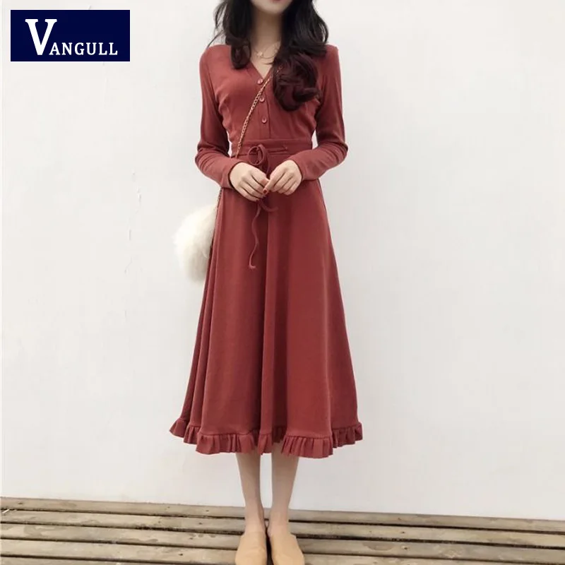 

Vangull Long Sleeve V-neck Sweater Dress 2019 New Elegant Women Knit Autumn Winter Casual Dress Female Slim A-line Ruffle Dress