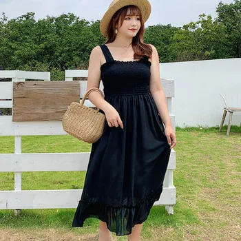 

Korean Style Women's Chiffon Dress Elastic High Waist Summer Spaghetti Strap Dress Midi Plus Size Casual Dresses TA2050
