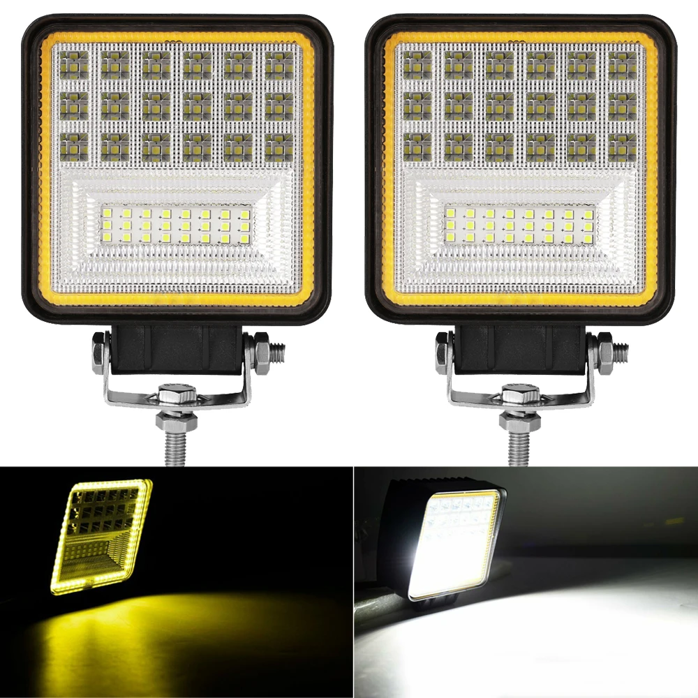 

126w Square LED Work Lights with Yellow Halo Ring DRL for Off-road Cars LED Work Light Bar Spot Flood Combo Offroad Driving