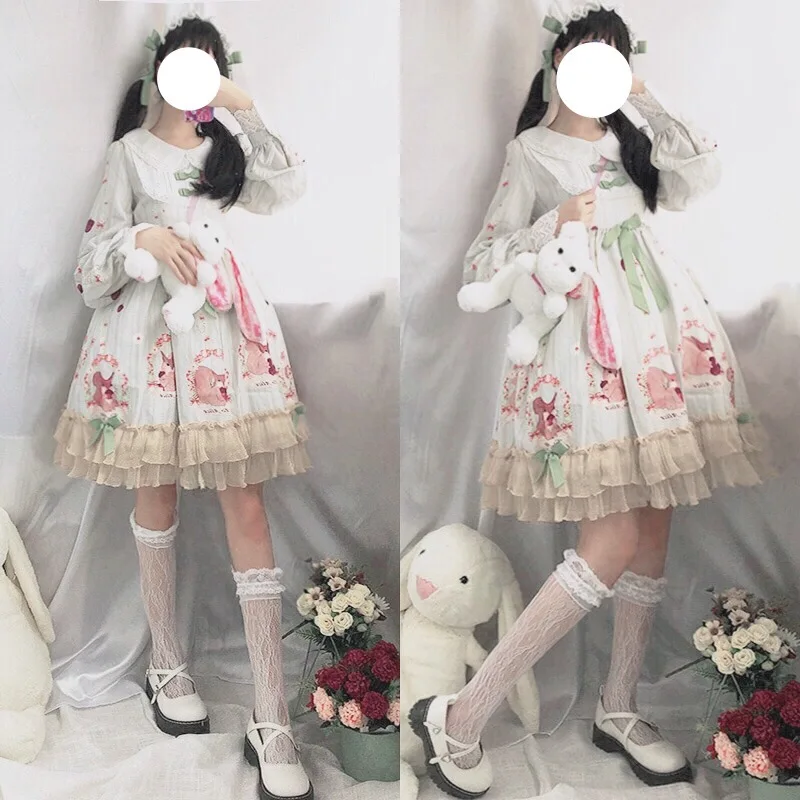 green dress hairwear Японское Kawaii милое короткое платье для девочек мягкое винтажное розовое платье с длинными рукавами платье принцессы с принтом животных костюмы - Цвет: green dress hairwear