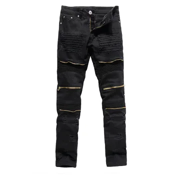 

Men Jeans Biker Skinny Hole Retro Pleated Casual Men Denim Jeans Vintage Straight Washed Fashion Slim Male Denim Pants