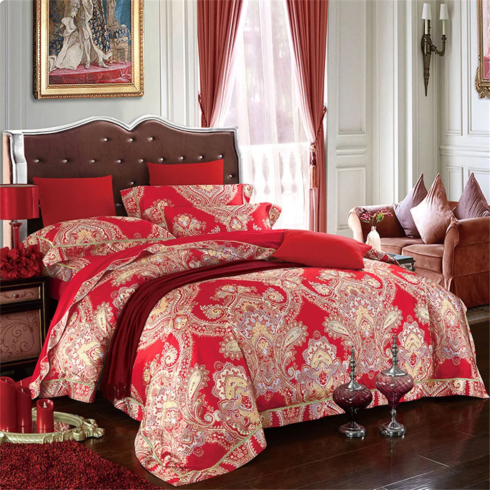 cheap YeeKin 100% Cotton Jacquard Satin Wedding Bedding Sets King Queen Luxury Satin jacquard Princess Wedding Red Color Duvet Cover