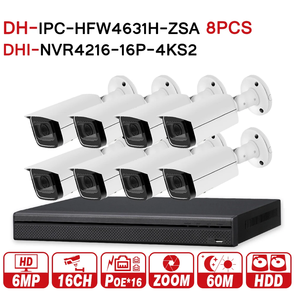 

DH Security CCTV System 8PCS 6MP Zoom IP Camera IPC-HFW4631H-ZSA & 16POE 4K NVR NVR4216-16P-4KS2 Surveillance Security System