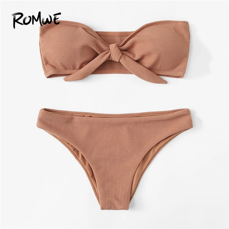 Romwe Sport Knot Front Bikini Set 2018 Summer New Brown Sexy Swimwear Ladies Knot Bandeau Beach Bikinis