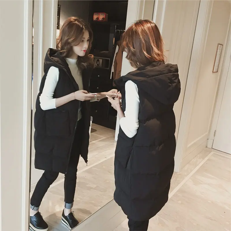 

Winter New Fashion Women Waistcoat Solid Color Hooded Long Warm Wild Loose Vest Femme Wadded Cotton Outwear Jacket MZ3167