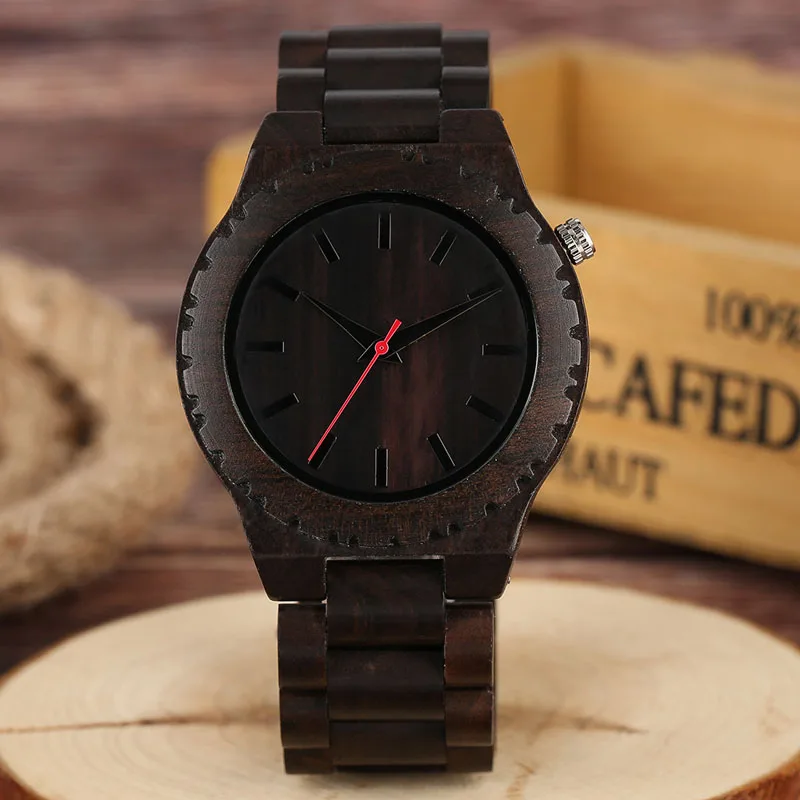 

Top Handmade Wood Watch Sport Black Ebony Full Bamboo Men Quartz-watch Gear Dial Male Analog Red Hand Wristwatch Reloj de madera