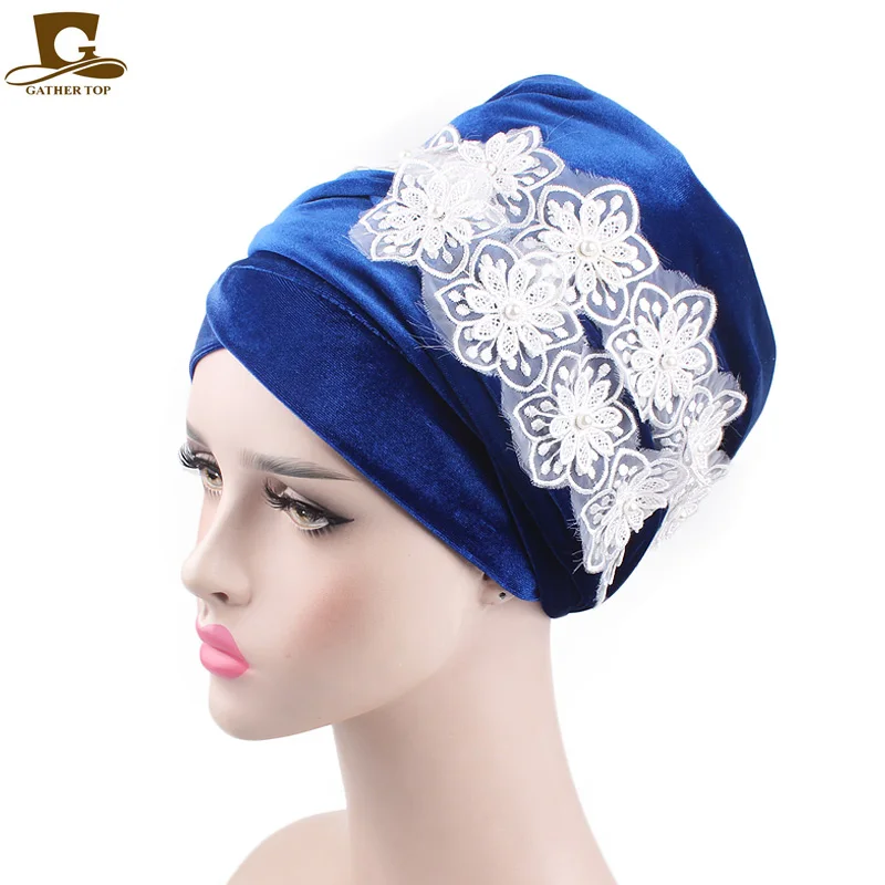 

New Fashion luxury Women Velvet Long Turban Headband 3D beaded flower velvet Muslim Hijab Scarf Turbante Tie Headwrap