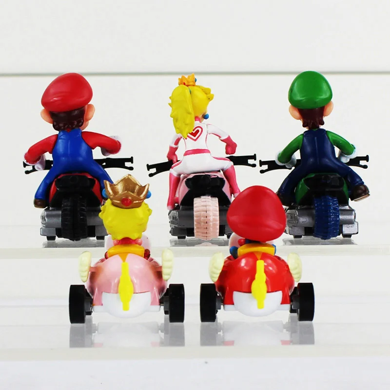 5pcs/lot Super Mario Bros Baby Mario Luigi Princess Peach Kart Pull Back Cars PVC Action Figures Toys Dolls