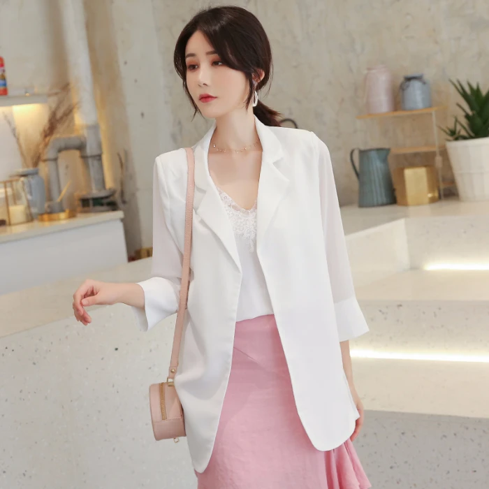 2019 Autumn New Female Blazer Korean Casual Solid Color Elegant Temperament Thin Chiffon Coat Women Three Quarter Cardigan 90s