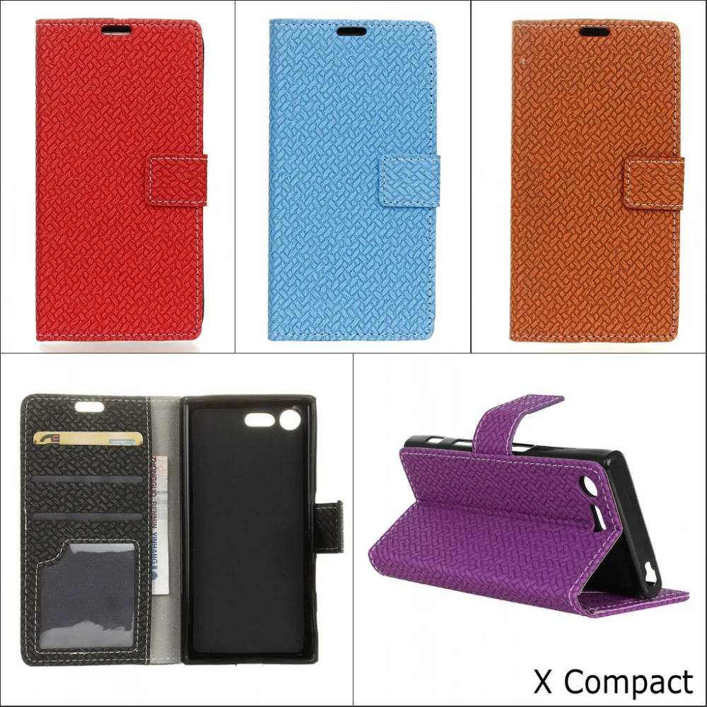

New design Weave pattern wallet card with photo frame pu leather stand case cover for Sony Xperia X Compact with pen gift