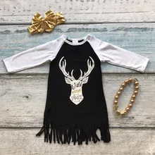 Printemps bébé filles nouveau coton sauvage et livraison noir robes sash tassel robe manches longues avec bow correspondants et collier rennes