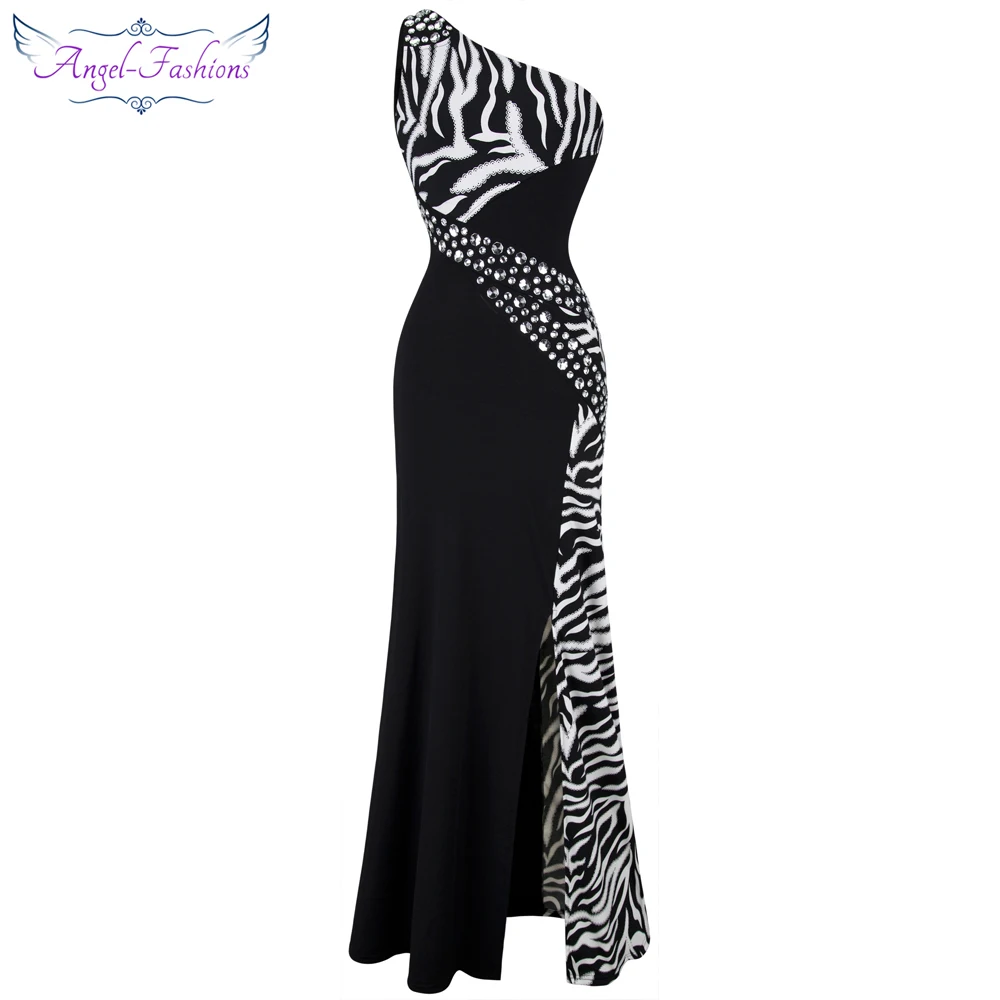 

Angel-fashions One Shoulder Zebra Gemstones Stitching Evening Dress Black Ballkleid 072 068 075