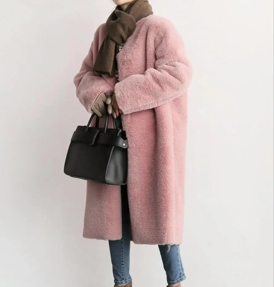 Английский стиль, высокое качество,, плюшевое зимнее женское длинное пальто из искусственного меха, с карманами из искусственного кроличьего меха, 5 цветов, тонкое длинное пальто из искусственного меха - Цвет: Розовый