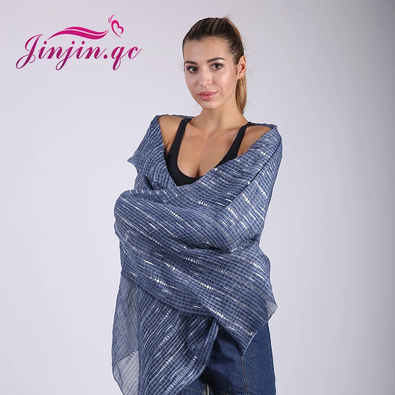 Jinjin.QC Fashion Women Striped Scarf Silver Iron Scarves and Wraps Autumn Pashmina Warm Bandana Lady Jersey Hijab Drop Shipping