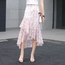 Лето, Новое поступление, розовая шифоновая юбка, высокое качество, элегантные юбки для женщин, уличная одежда, оборки, цветочный принт, Декорация