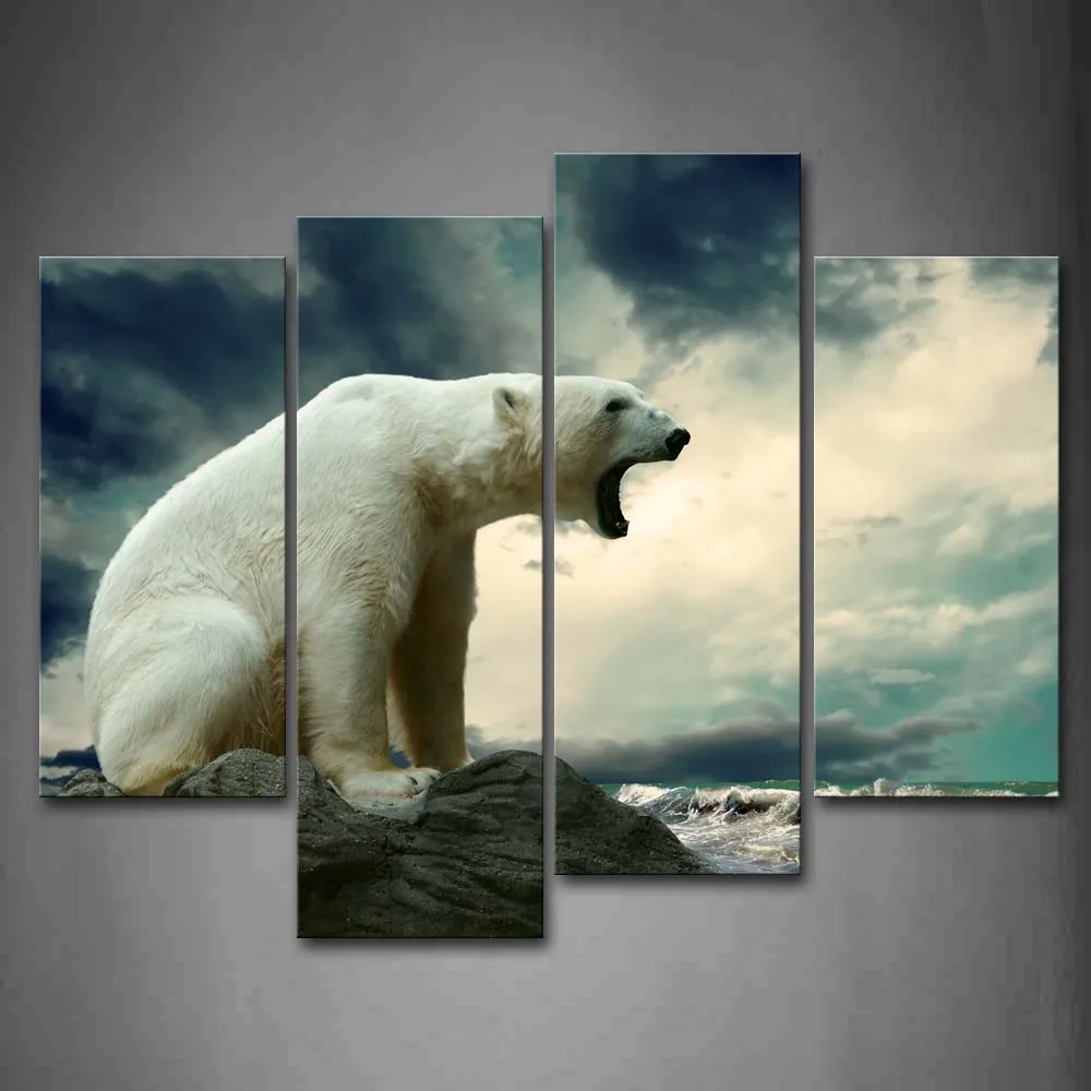 

Framed Wall Art Pictures Polar Bear Rock Beach Canvas Print Animal Posters With Wooden Frames For Home Living Room Decor