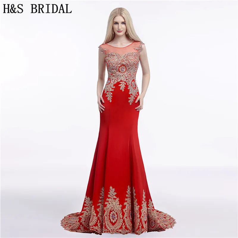 H&S BRIDAL Sheer Neck evening dress Red Chiffon Lace Applique Evening Gown Mermaid evening dresses long 2017 robe de soiree