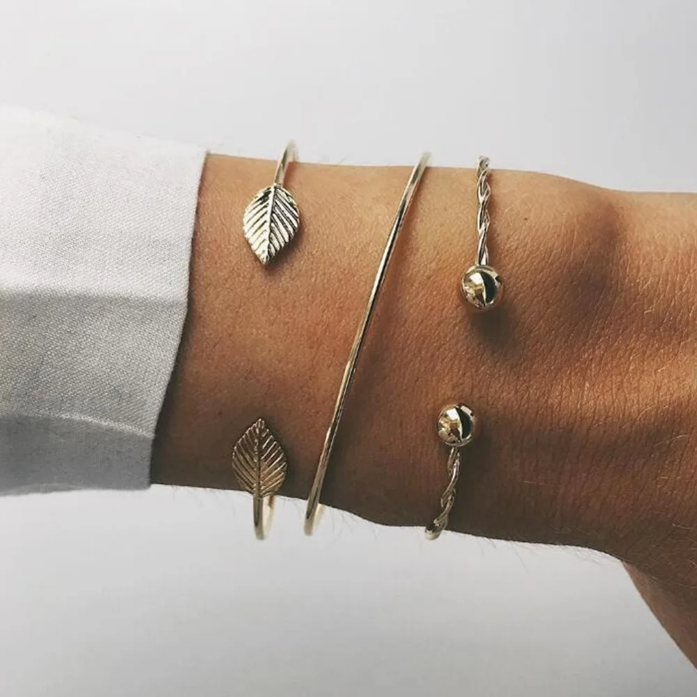 3 Pcs/set Fashion Round Leaves Spiral Bangles Women Pretty Girl Punk Style Charm Bracelet Set Jewelry Statement Gift | Украшения и
