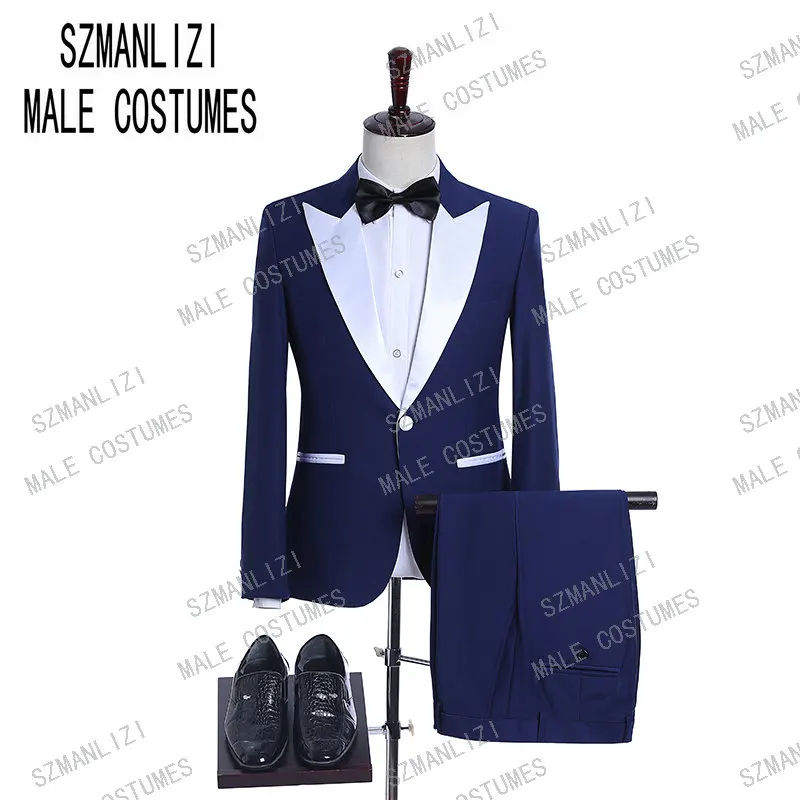 

Blue Prom Men Wedding Suits White Peaked Lapel Tuxedo Groom Groomsman Best Man Terno Masculino Slim Fit Mens Suits With Pants