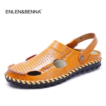

2017 Brand genuine cow leather men's sandals comfort casual shoes men slipers top quality Beach sandals Flat men's shoes Summer