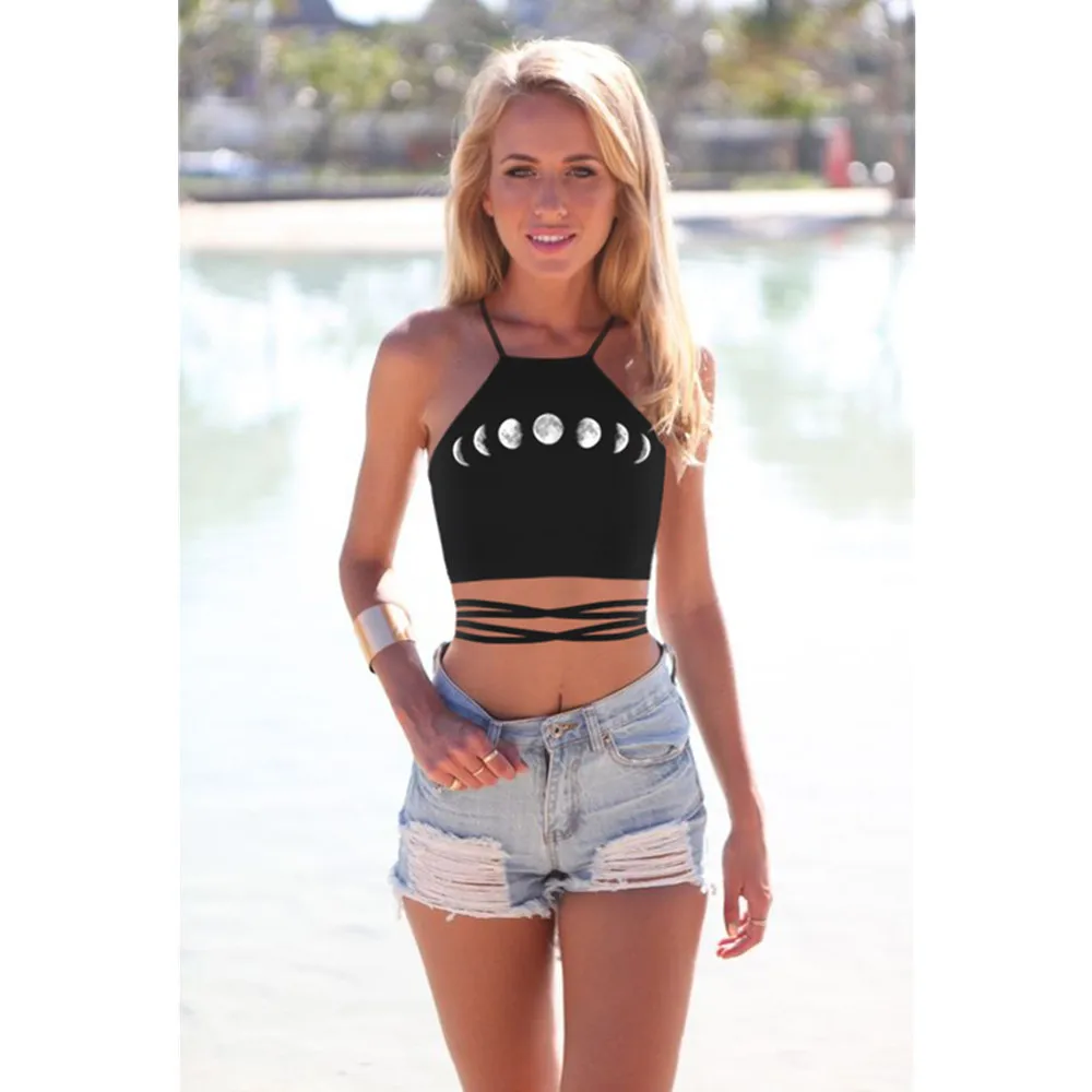 

2019 summer women's funny print moon trajectory ladies sexy strappy halter bandage midriff crop camis tops for girls sun-top