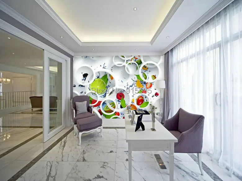Пользовательские Настенные обои современный абстрактный арт 3D стереоскопический белый круг фрукты большая настенная живопись Ресторан Кухня обои