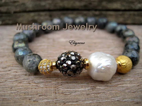 Statement Mixed gold silver Gemstone labradorite beaded bracelets-micro Pave bracelet-Freshwater Pearl bracelet-Flameball gem bracelet