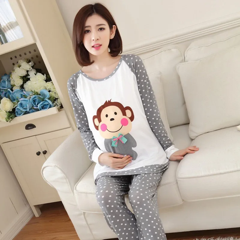 Spring Summer Cotton Nursing Pajamas Expectant Mother Feeding Dress Character Pregnant Women Pajamas Stretching  Coat + Pants 