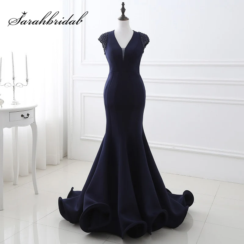 Real Picture Elegant Mermaid Evening Dresses Long Satin Beaded Ruched Mother of the Bride Dress V-Neck Gala Party Gown OS28248