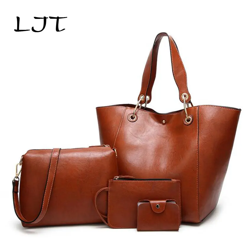 

LJT Brand Designer Women Leather Handbags Women Bags Set 4 Pcs Large Tote Bags Handbag+Messenger Bag+Purse +Cards Bag Sac a Main