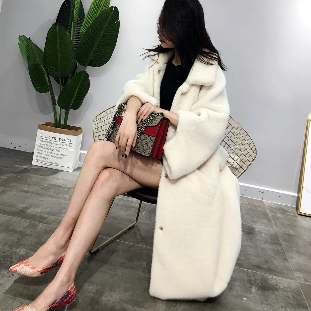 Nagodo Trench Coat For Women Mink Faux Fur Coat Winter Thick Warm Long Overcoat white Pink Loose Oversized Fur Coats plus size L