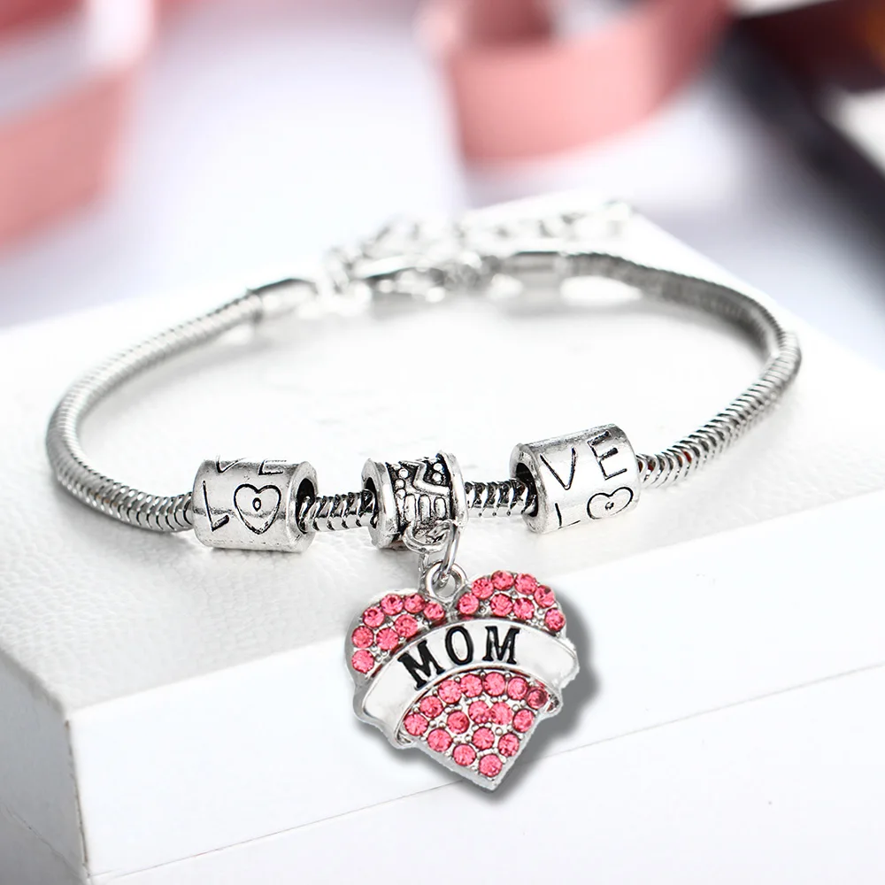 Love Beads Mom Bracelet Pink Crystal Heart Charms Family Women Mother