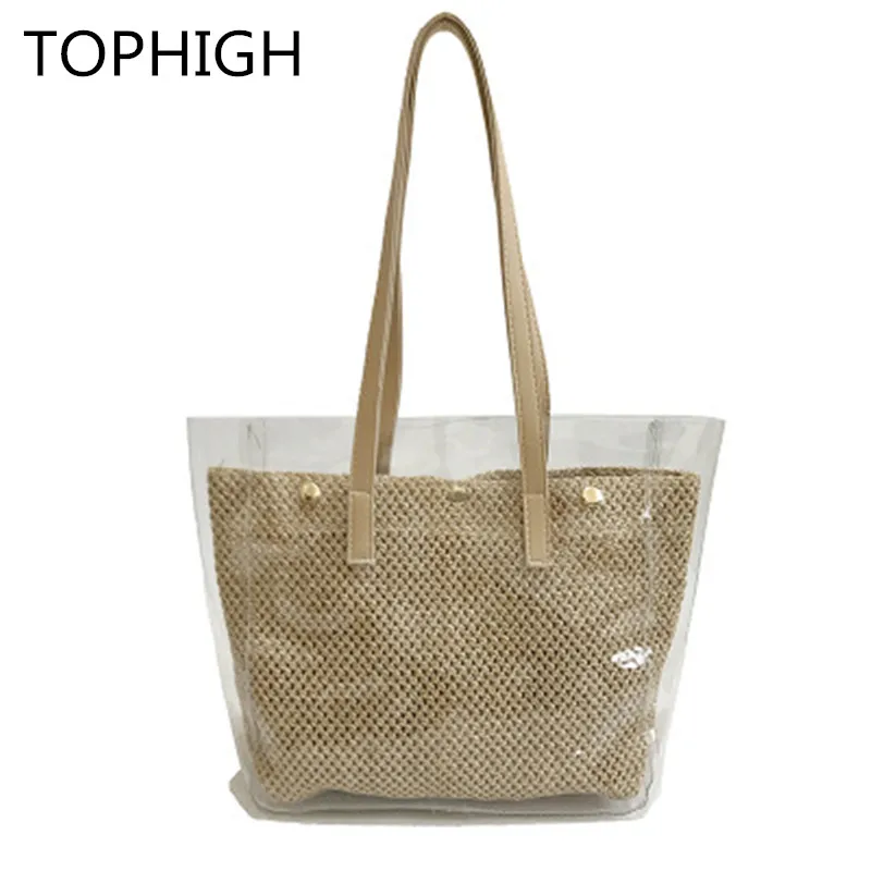 Summer Knitted Straw Bags Women PVC Fashion Transparent Handbag Clear Large Capacity Casual Tote ...